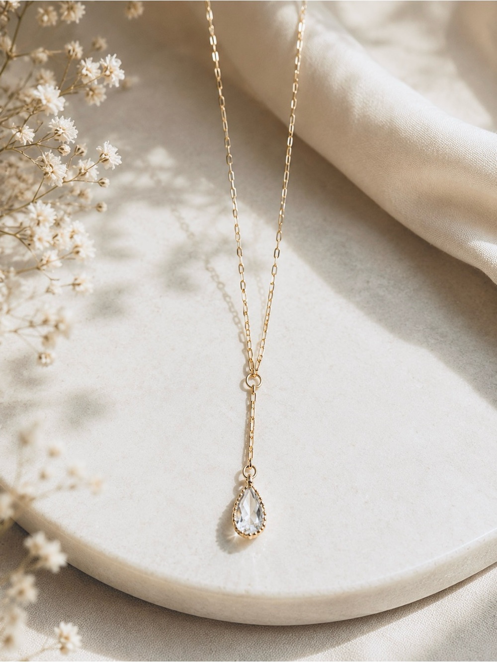 Delicate Gold Teardrop Pendant Necklace - Clear Crystal Accent